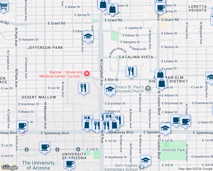 map of restaurants, bars, coffee shops, grocery stores, and more near 1940 East Elm Street in Tucson