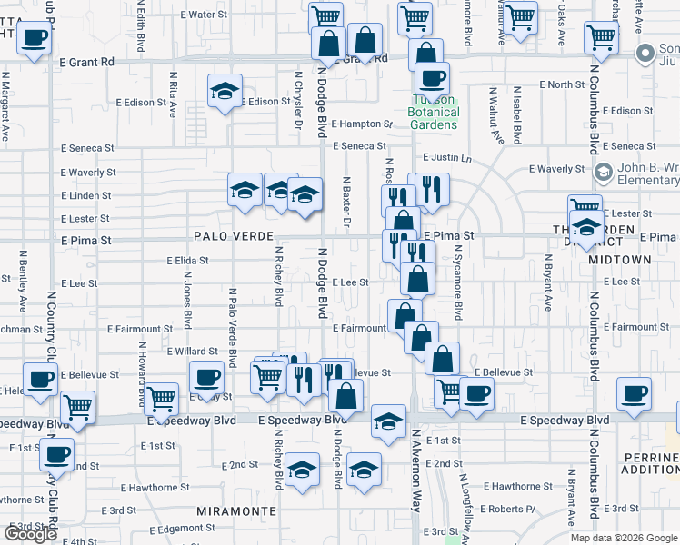 map of restaurants, bars, coffee shops, grocery stores, and more near 3717 East Lee Street in Tucson