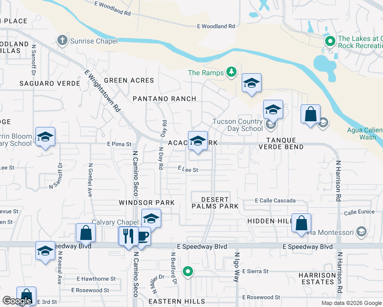 map of restaurants, bars, coffee shops, grocery stores, and more near 8953 East Wright School Loop in Tucson