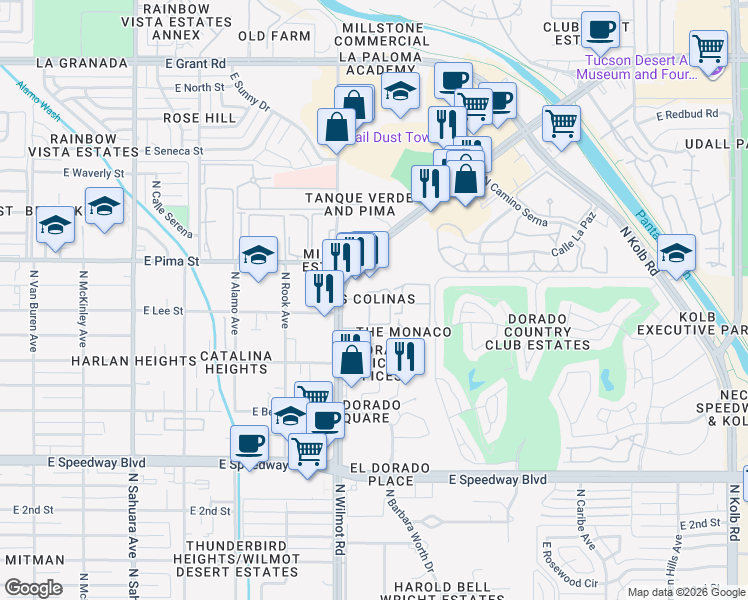 map of restaurants, bars, coffee shops, grocery stores, and more near 1600 North Wilmot Road in Tucson