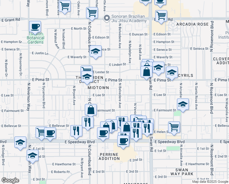 map of restaurants, bars, coffee shops, grocery stores, and more near 4449 East Lee Street in Tucson