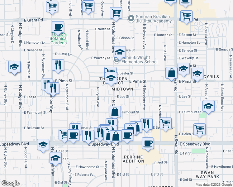 map of restaurants, bars, coffee shops, grocery stores, and more near 1632 North Columbus Boulevard in Tucson