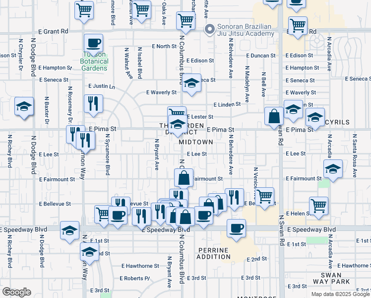 map of restaurants, bars, coffee shops, grocery stores, and more near 1632 North Columbus Boulevard in Tucson