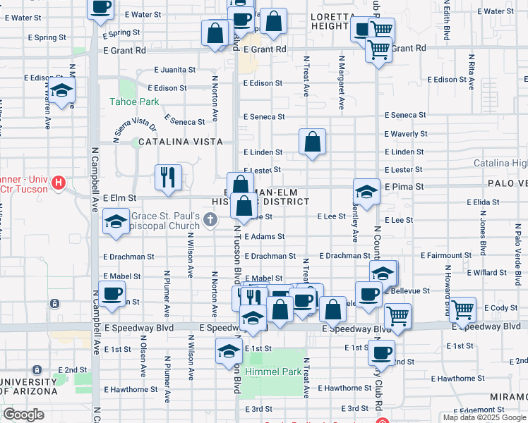 map of restaurants, bars, coffee shops, grocery stores, and more near in Tucson