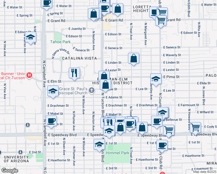 map of restaurants, bars, coffee shops, grocery stores, and more near in Tucson