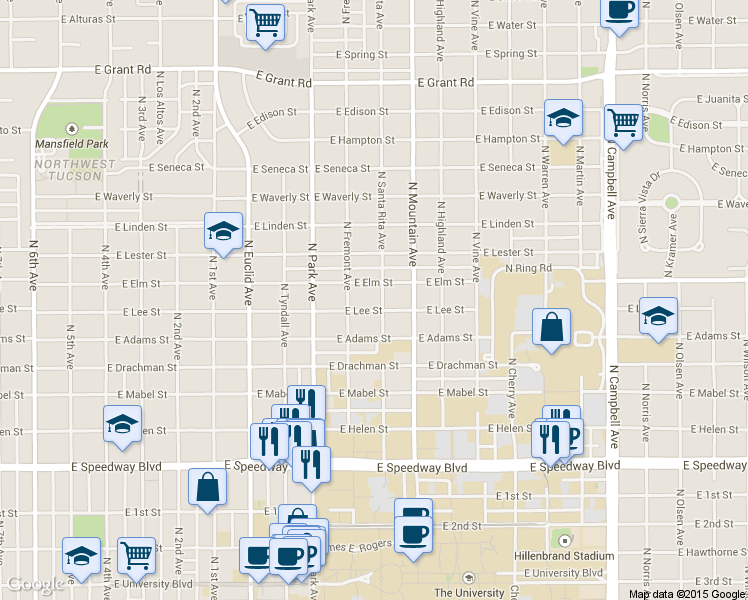 map of restaurants, bars, coffee shops, grocery stores, and more near 1204 East Elm Street in Tucson