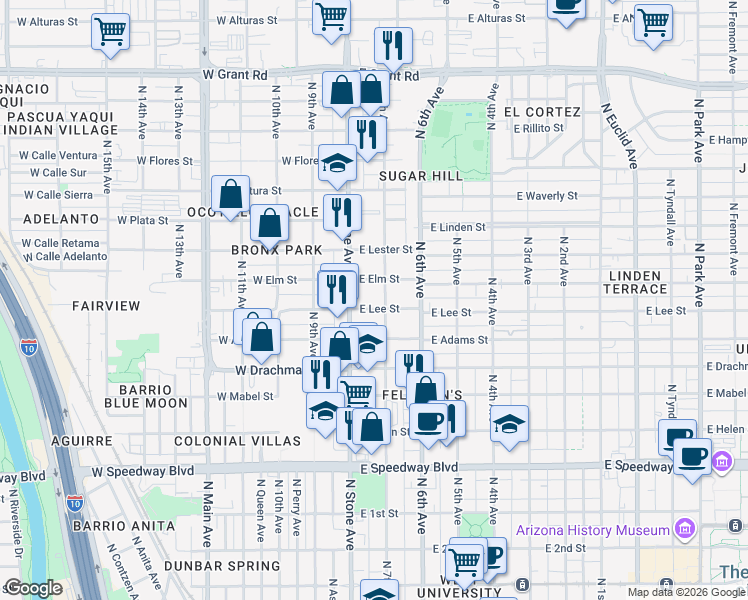 map of restaurants, bars, coffee shops, grocery stores, and more near 1690 North Stone Avenue in Tucson