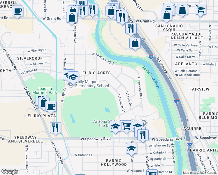 map of restaurants, bars, coffee shops, grocery stores, and more near 1374 West Hualpai Road in Tucson