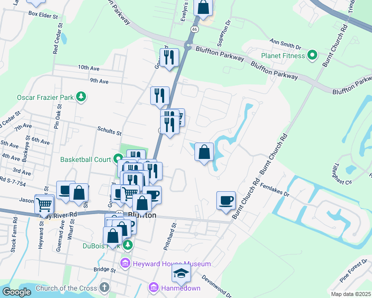 map of restaurants, bars, coffee shops, grocery stores, and more near 15b Cassandra Lane in Bluffton