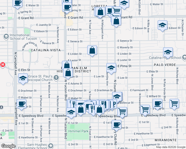 map of restaurants, bars, coffee shops, grocery stores, and more near 1612 North Treat Avenue in Tucson