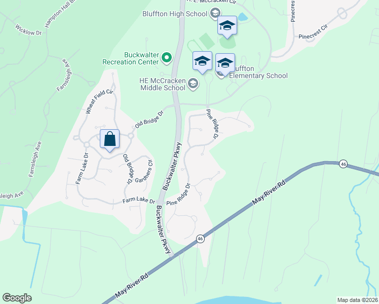 map of restaurants, bars, coffee shops, grocery stores, and more near 67 Pine Ridge Drive in Bluffton