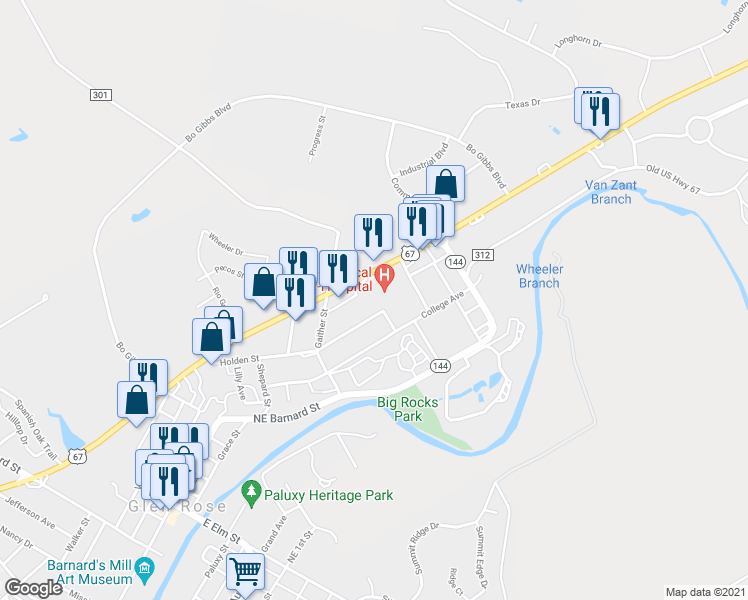 map of restaurants, bars, coffee shops, grocery stores, and more near 1021 Holden Street in Glen Rose