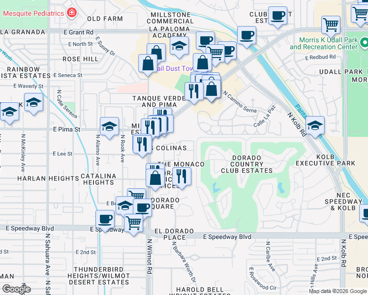 map of restaurants, bars, coffee shops, grocery stores, and more near 1620 North Wilmot Road in Tucson