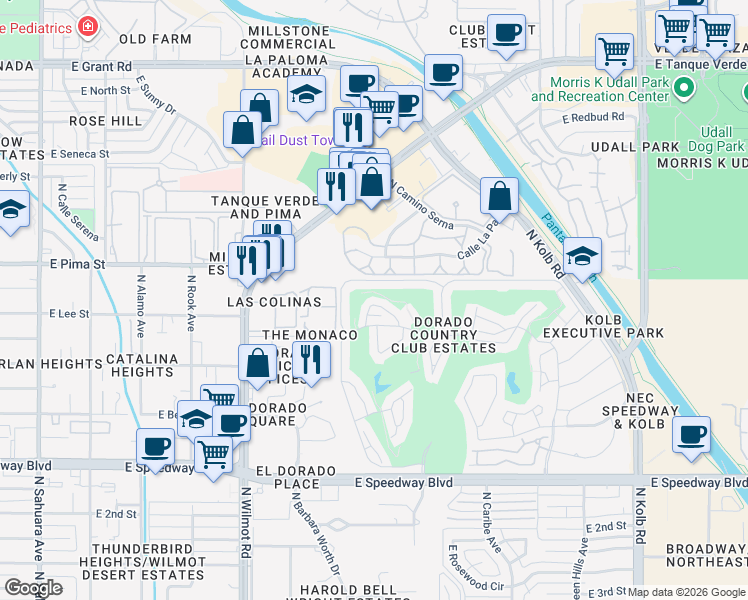 map of restaurants, bars, coffee shops, grocery stores, and more near 6573 East Vía Cavalier in Tucson