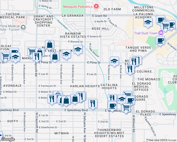 map of restaurants, bars, coffee shops, grocery stores, and more near 5921 East Lee Street in Tucson