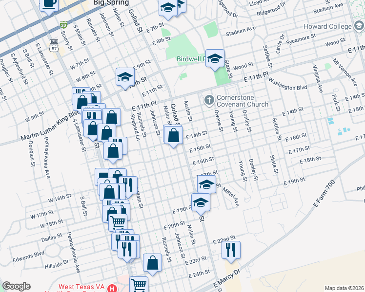 map of restaurants, bars, coffee shops, grocery stores, and more near 1402 Austin Street in Big Spring
