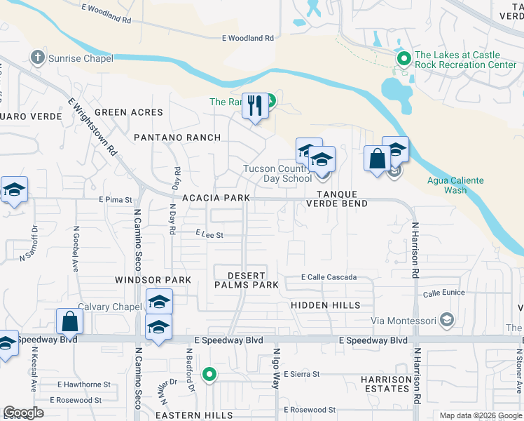 map of restaurants, bars, coffee shops, grocery stores, and more near 9042 East Wrightstown Road in Tucson