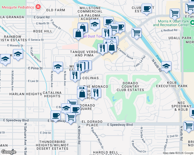 map of restaurants, bars, coffee shops, grocery stores, and more near 1620 North Wilmot Road in Tucson