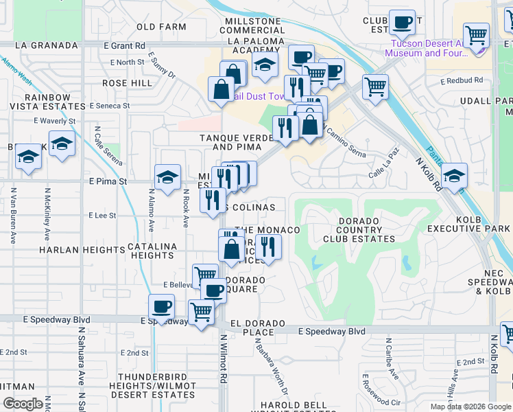 map of restaurants, bars, coffee shops, grocery stores, and more near 1600 North Wilmot Road in Tucson
