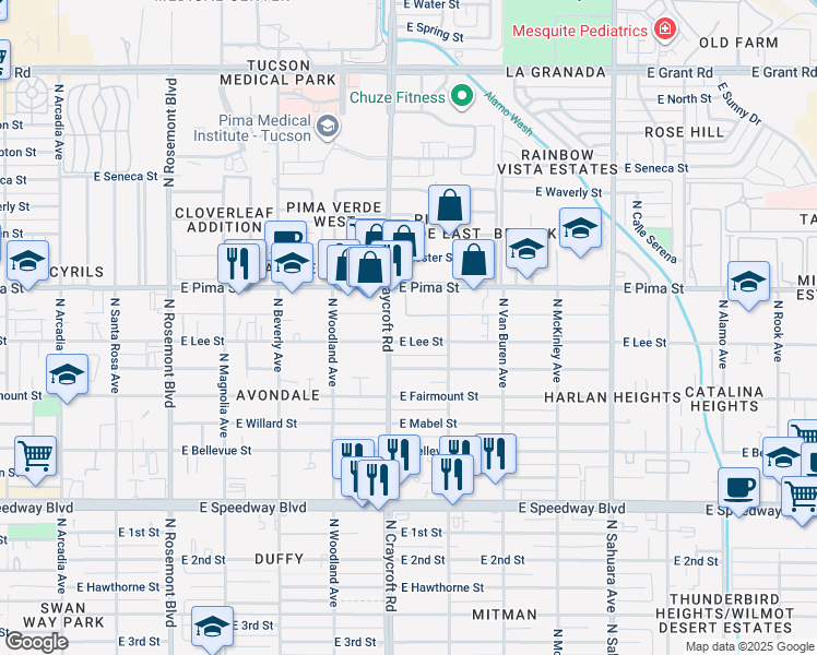 map of restaurants, bars, coffee shops, grocery stores, and more near 5549 East Lee Street in Tucson