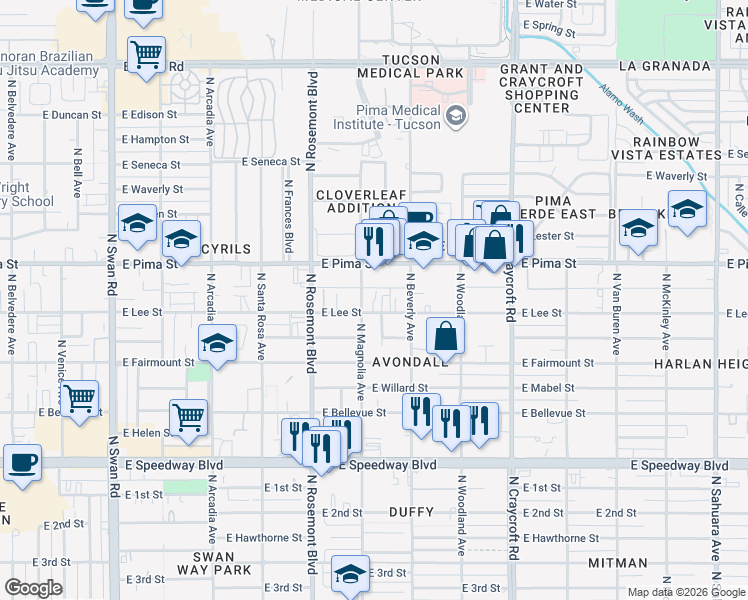 map of restaurants, bars, coffee shops, grocery stores, and more near 1646 North Magnolia Avenue in Tucson