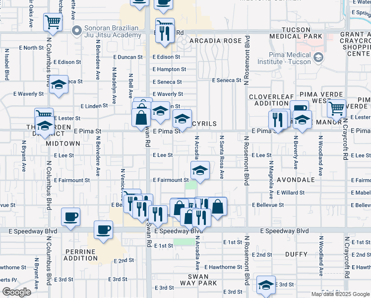map of restaurants, bars, coffee shops, grocery stores, and more near 4851 East Lee Street in Tucson