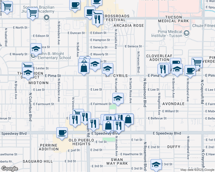 map of restaurants, bars, coffee shops, grocery stores, and more near 4851 East Lee Street in Tucson