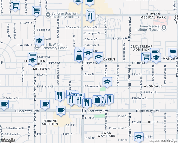 map of restaurants, bars, coffee shops, grocery stores, and more near 1636 North Swan Road in Tucson
