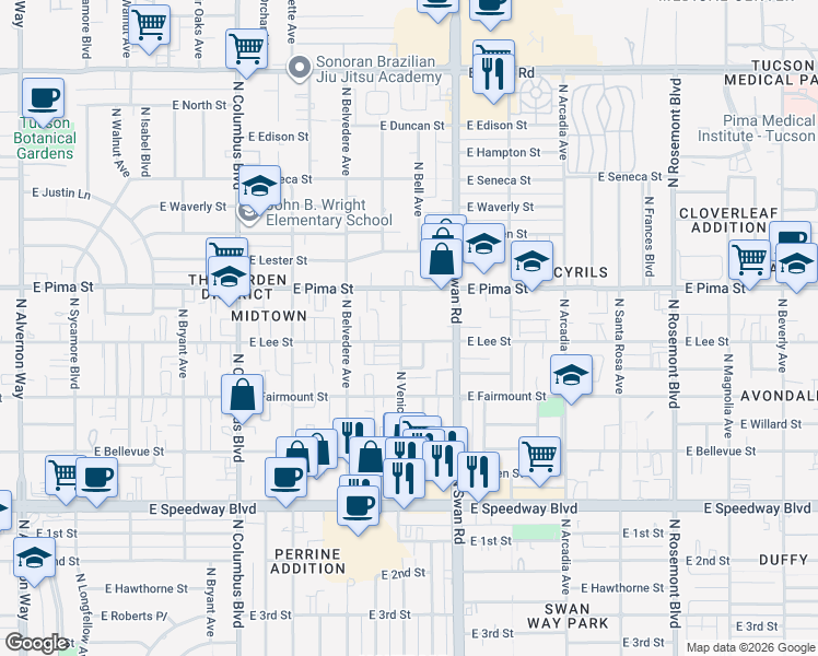 map of restaurants, bars, coffee shops, grocery stores, and more near 1633 North Venice Avenue in Tucson