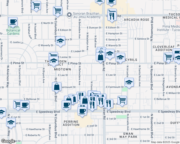 map of restaurants, bars, coffee shops, grocery stores, and more near 1633 North Venice Avenue in Tucson