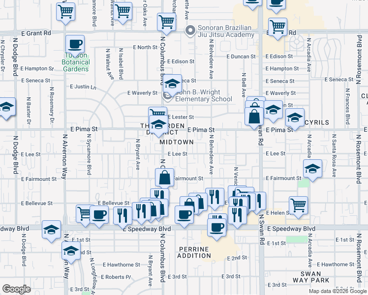 map of restaurants, bars, coffee shops, grocery stores, and more near 1619 North Catalina Avenue in Tucson