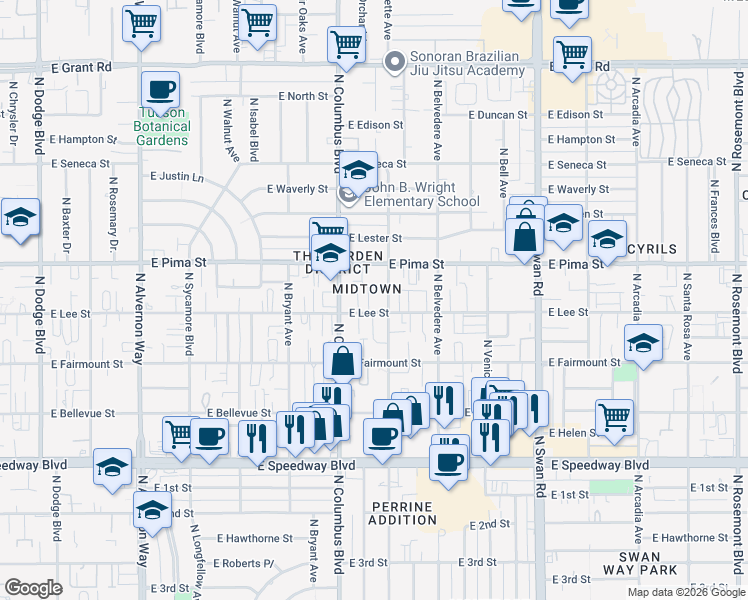 map of restaurants, bars, coffee shops, grocery stores, and more near 1619 North Catalina Avenue in Tucson