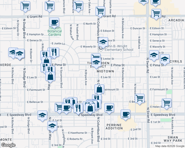 map of restaurants, bars, coffee shops, grocery stores, and more near 4232 East Pima Street in Tucson