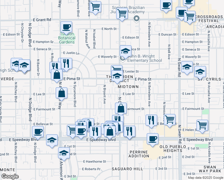 map of restaurants, bars, coffee shops, grocery stores, and more near 4232 East Pima Street in Tucson