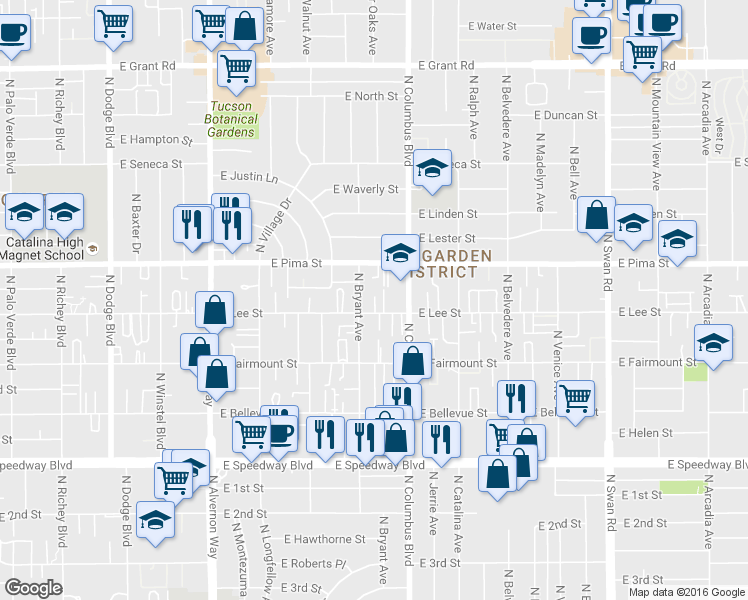 map of restaurants, bars, coffee shops, grocery stores, and more near 4232 East Pima Street in Tucson