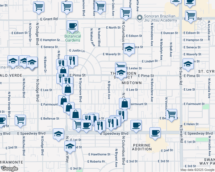 map of restaurants, bars, coffee shops, grocery stores, and more near 4132 East Elida Street in Tucson