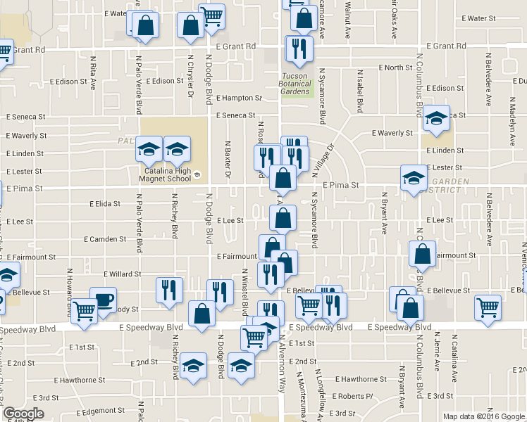 map of restaurants, bars, coffee shops, grocery stores, and more near 1643 North Alvernon Way in Tucson