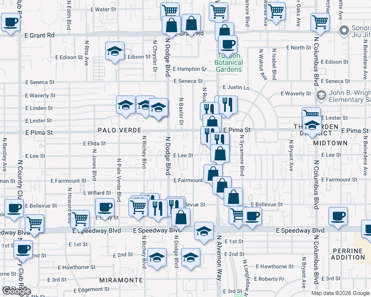 map of restaurants, bars, coffee shops, grocery stores, and more near 3726 East Pima Street in Tucson