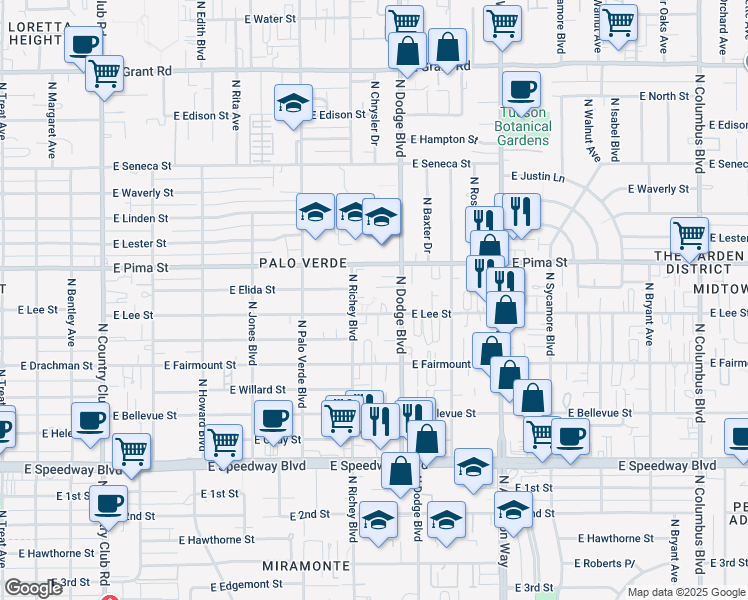 map of restaurants, bars, coffee shops, grocery stores, and more near 3644 East Elida Street in Tucson