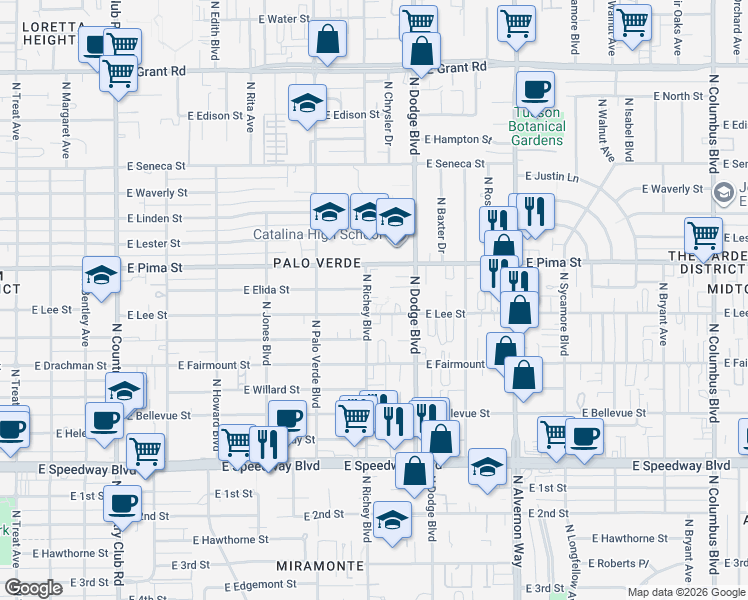 map of restaurants, bars, coffee shops, grocery stores, and more near 1626 North Richey Boulevard in Tucson