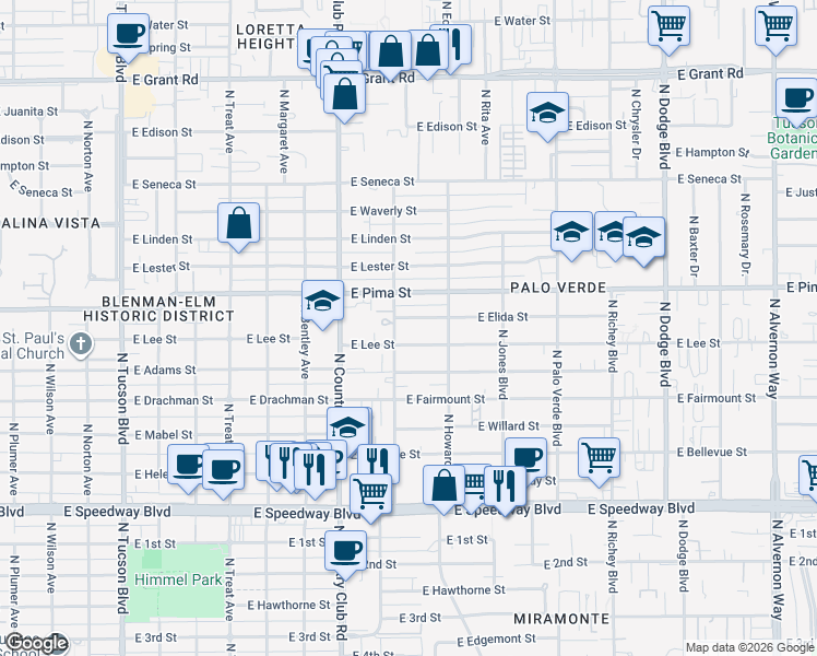 map of restaurants, bars, coffee shops, grocery stores, and more near 3233 East Elida Street in Tucson