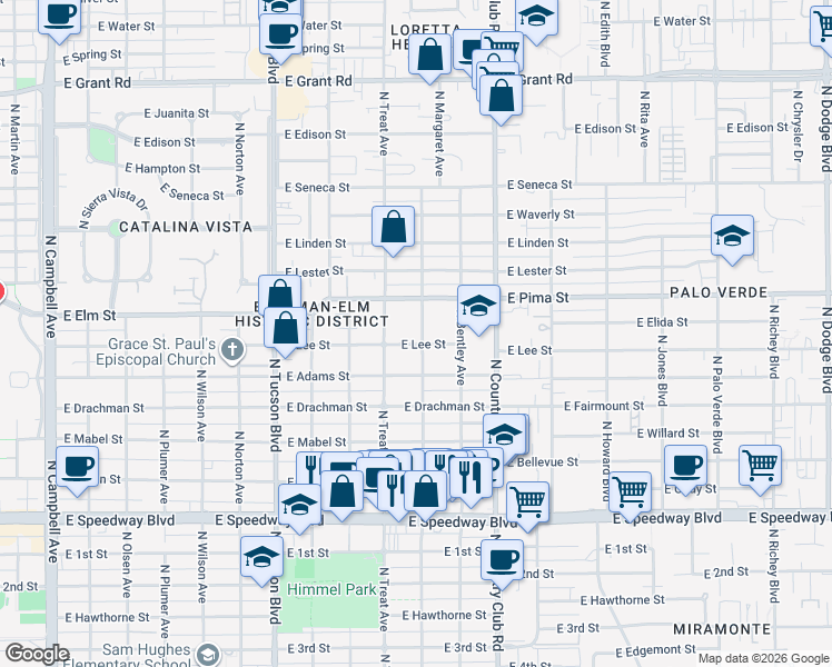 map of restaurants, bars, coffee shops, grocery stores, and more near 1618 North Stewart Avenue in Tucson