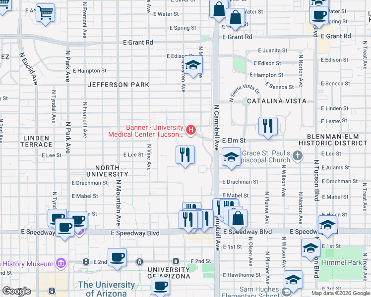 map of restaurants, bars, coffee shops, grocery stores, and more near 1690 North Warren Avenue in Tucson