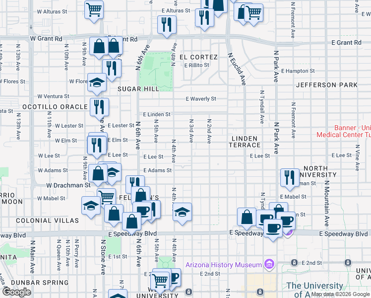 map of restaurants, bars, coffee shops, grocery stores, and more near 502 East Elm Street in Tucson