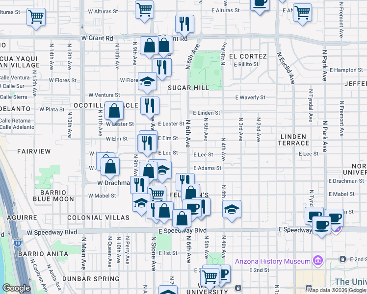 map of restaurants, bars, coffee shops, grocery stores, and more near 202 East Elm Street in Tucson