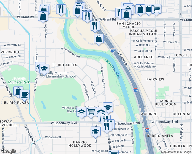 map of restaurants, bars, coffee shops, grocery stores, and more near 1595 North Yavapai Street in Tucson
