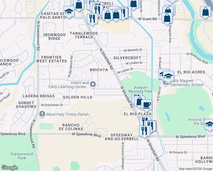 map of restaurants, bars, coffee shops, grocery stores, and more near 1630 North Monroe Crescent in Tucson