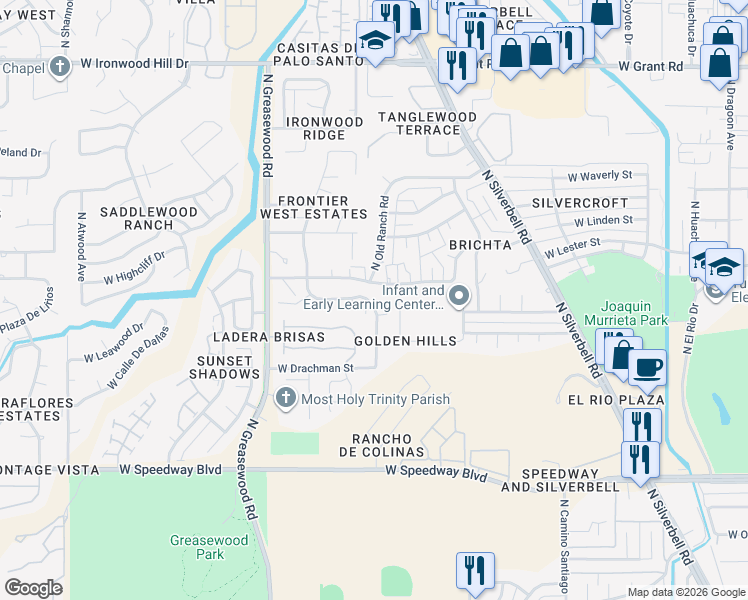 map of restaurants, bars, coffee shops, grocery stores, and more near 2314 West Paine Trail in Tucson