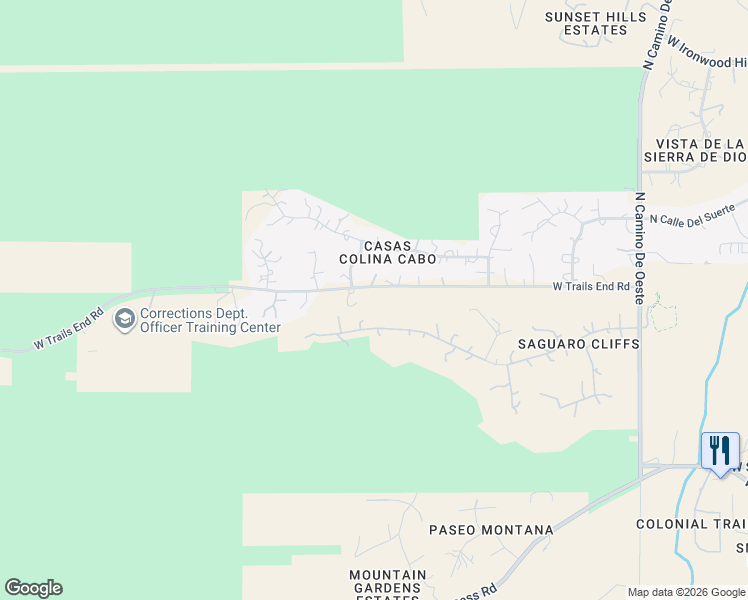 map of restaurants, bars, coffee shops, grocery stores, and more near 5100 West Trails End Road in Tucson