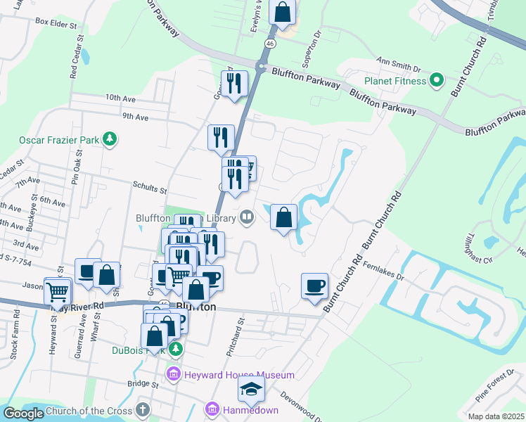 map of restaurants, bars, coffee shops, grocery stores, and more near 15b Cassandra Lane in Bluffton